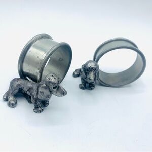 Vintage Pewter Dachshund Figural Napkin Rings Set of 2 Heavy Dog Decor 70's